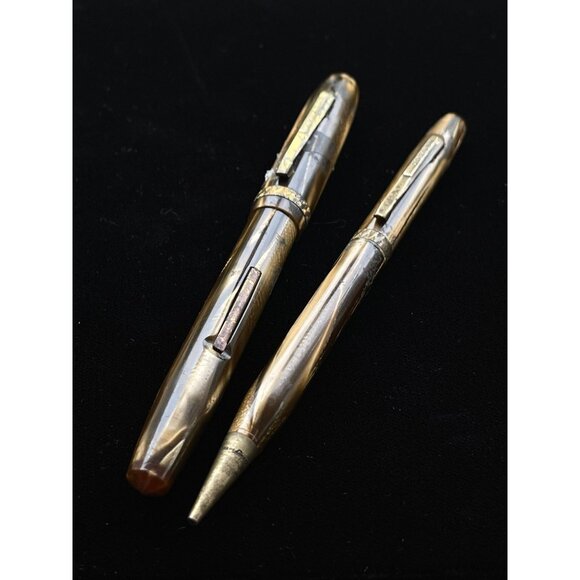 Vintage Epenco NEW YORK Fountain Pen & Pencil Set Striated Gold Brown Made In US